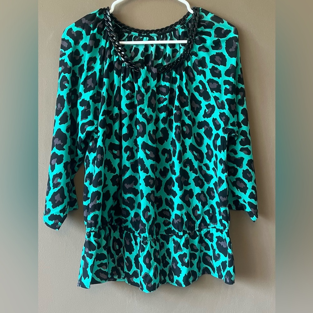 Turquoise and Black Leopard Print Blouse - Picture 8 of 14